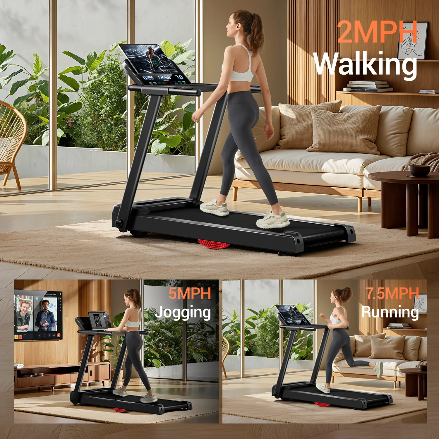 3.0 HP Brushless, Foldable Home Treadmill- 300 LB Capacity- HR Monitor and Dual Shock Absorption- Cup/Phone Holder- Quiet Design