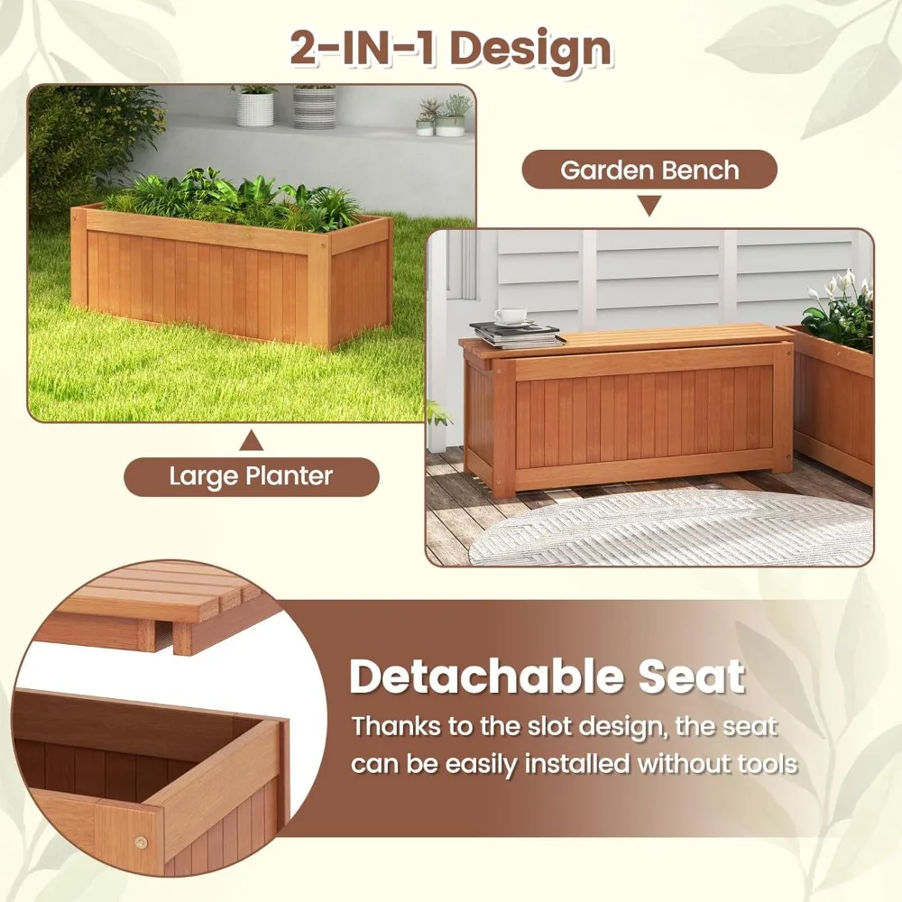 3-in-1 Outdoor Bench with Large Raised Beds and 2 Planter Boxes- Wood Raised Garden Bed with Open Base- Weather-Resistant - Image 6