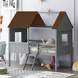 Twin House Bed for Kids- Wood Low-loft Bed Frame with Windows and Roof- Easy Assembly, for Girls/ Boys- 4 Colors - Image 7