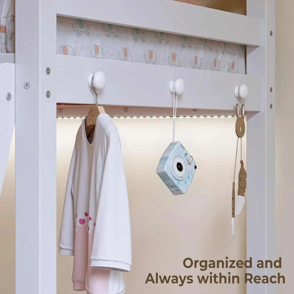 Low Bunk Bed with Guardrail and LED Light- Floor Bunk Bed- Twin-Over-Twin with Wide Stairs- Convertible- Solid Wood- Natural and White - Image 6