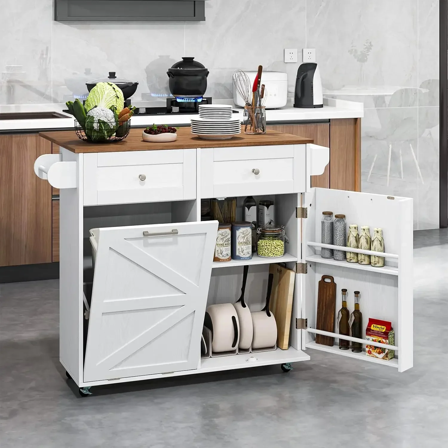 Rolling Kitchen Island- Trash Can Storage Cabinet- Drop-Leaf Breakfast Bar Table- Towel Holder- 2 Drawers and Door Racks - Image 7