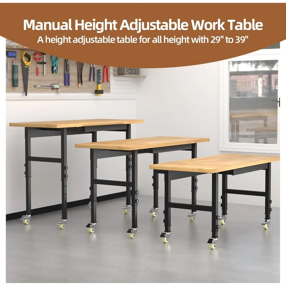 60'' Adjustable Workbench- Solid Wood Work Bench Table with Wheels- Power Outlet- Drawers - Image 6