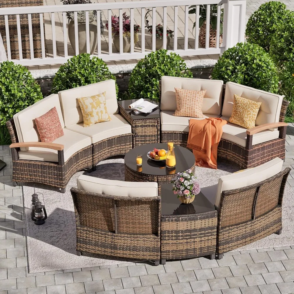 9-Piece Patio Furniture Set- Half-Moon Curved Sectional Sofa- Coffee Table- For Winter Add a Fire Pit!