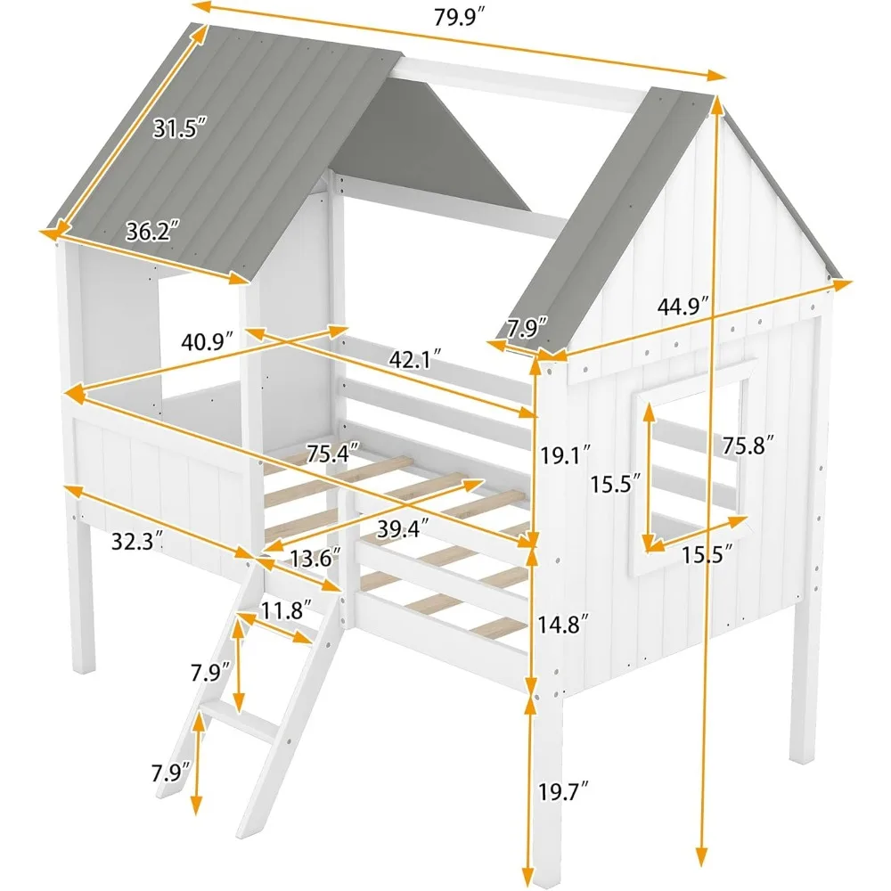 Twin House Bed for Kids- Wood Low-loft Bed Frame with Windows and Roof- Easy Assembly, for Girls/ Boys- 4 Colors - Image 2