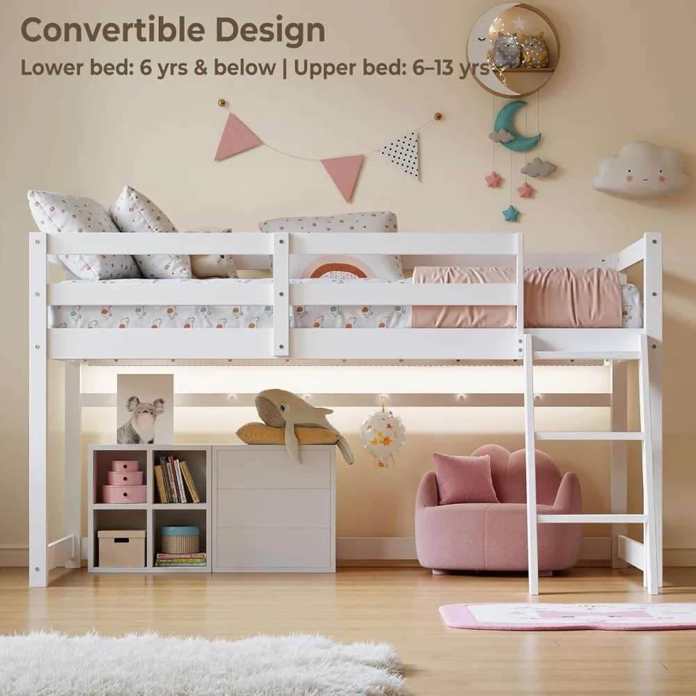 Low Bunk Bed with Guardrail and LED Light- Floor Bunk Bed- Twin-Over-Twin with Wide Stairs- Convertible- Solid Wood- Natural and White - Image 3