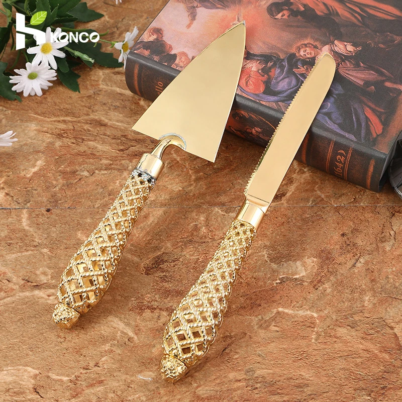 Wedding/Home Cake Knife And Server Set- 2-PCS Gold Cake Cutting Utensils- Engraved Cake Cutter and Serving Spatula for Wedding Party- 10 Styles
