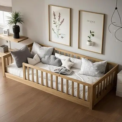 Twin-size Montessori Floor Bed- Wood Slats- for Girls and Boys- Wood Bed Frame with Safety Guardrails - Image 7