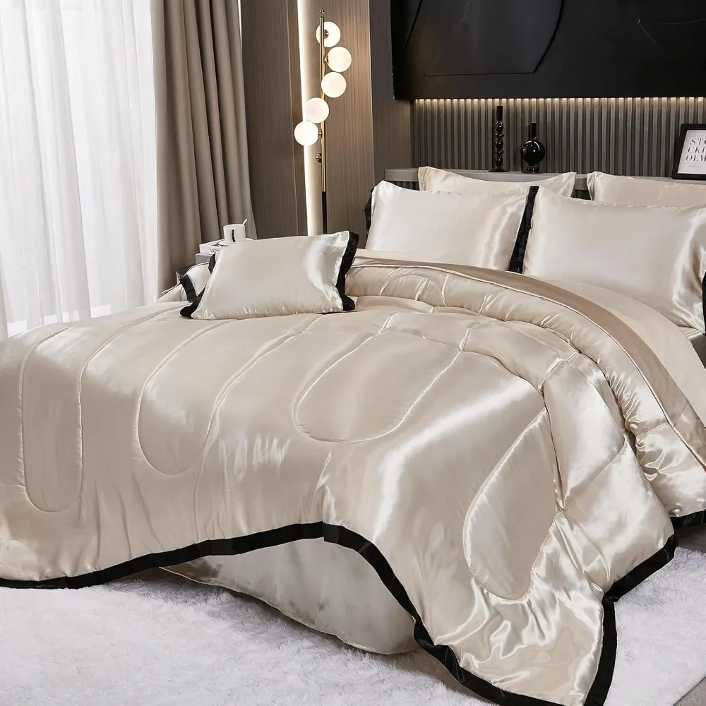 8-Piece- Satin King Comforter Set- Silk-like Beige Bedding- Luxury Hotel Silky Bed Set - Image 4