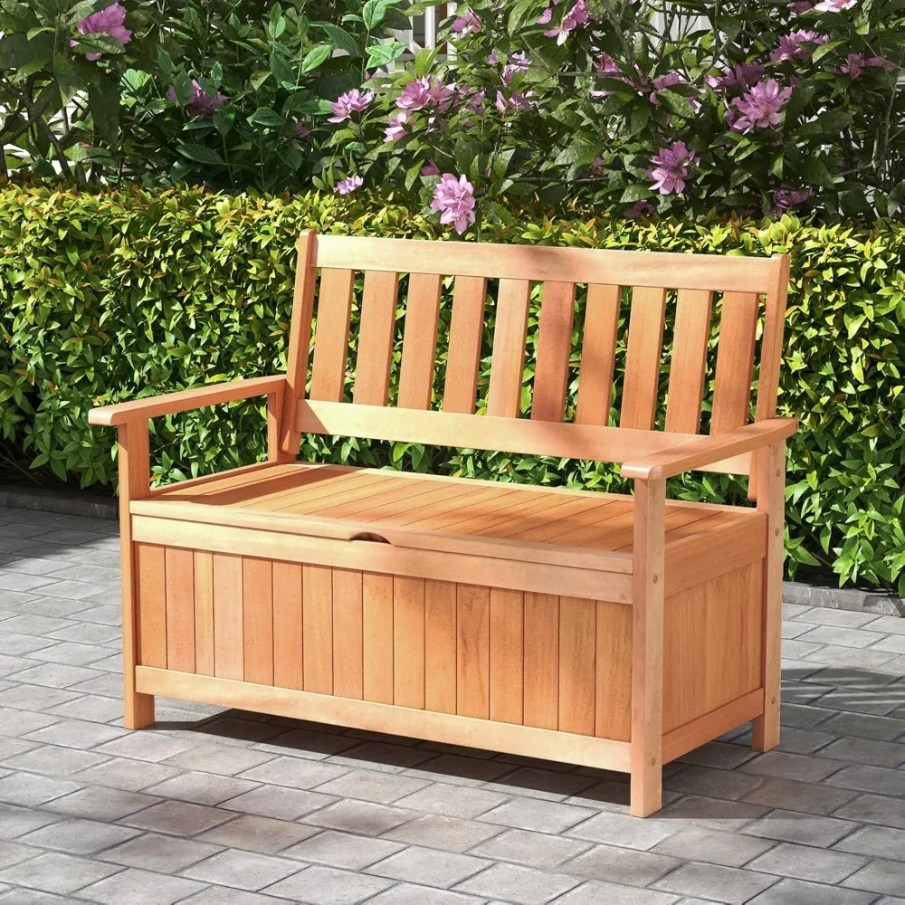 48-Inch Patio Storage Bench- Wood Storage Loveseat with 34.2 Gal Inner Space- Large Deck Box w/Slatted Backrest- Indoor Entryway - Image 2