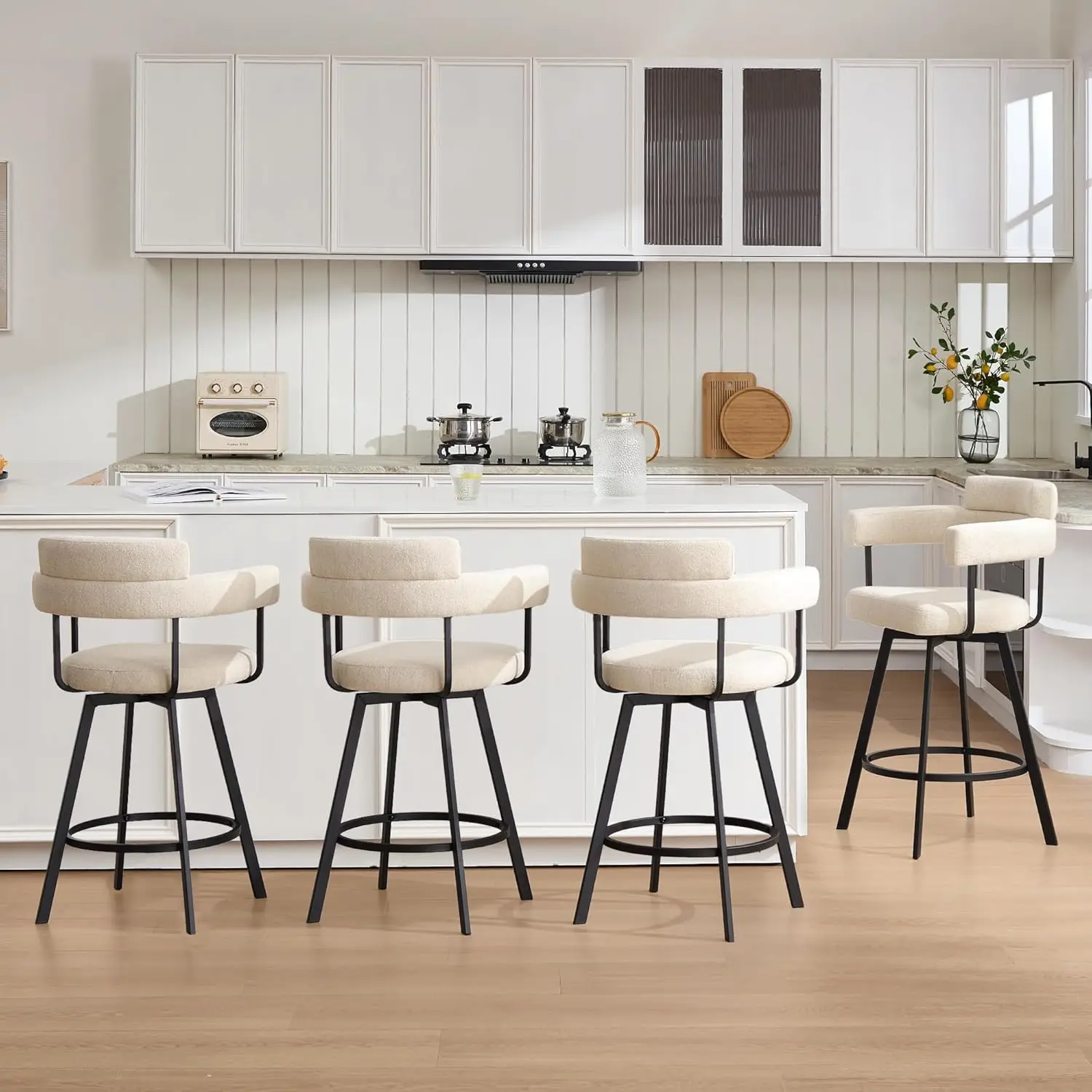 Set of 4- 26’’ Swivel Counter-Height Bar Stools- Round Back- Linen Upholstered Barstools with Round Footrest- 4 Colors - Image 9