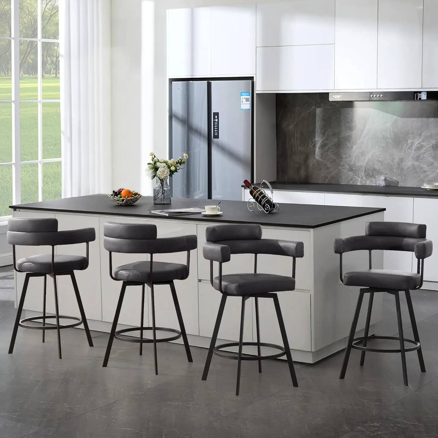 Set of 4- 26’’ Swivel Counter-Height Bar Stools- Round Back- Linen Upholstered Barstools with Round Footrest- 4 Colors - Image 10