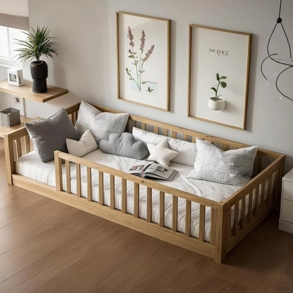 Twin-size Montessori Floor Bed- Wood Slats- for Girls and Boys- Wood Bed Frame with Safety Guardrails