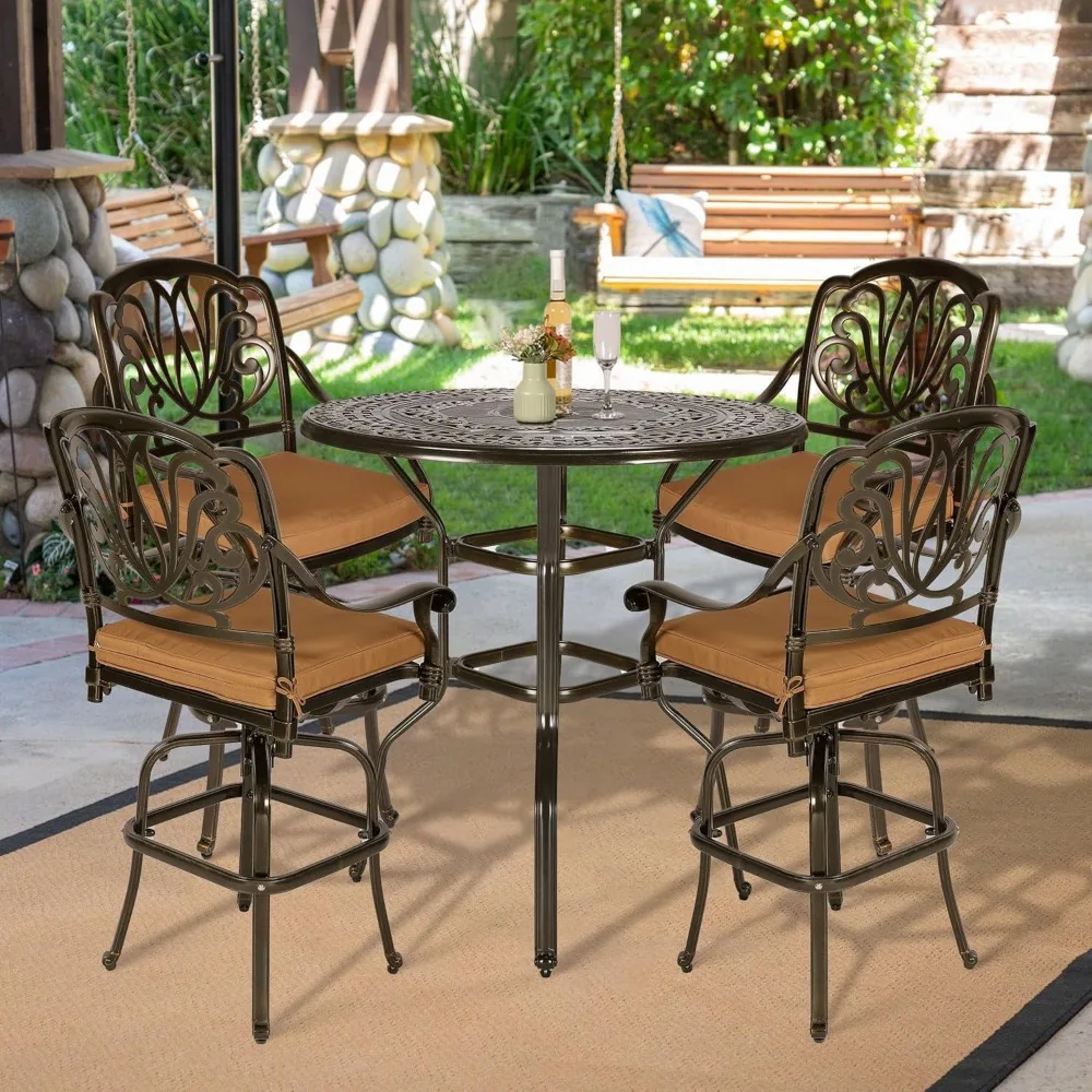 5-Piece Patio Set- Swivel Bar Stools- All-Weather, Cast Aluminum- Bar Height Bistro Set with 4 Cushioned Chairs- 3 Different Set Styles - Image 6