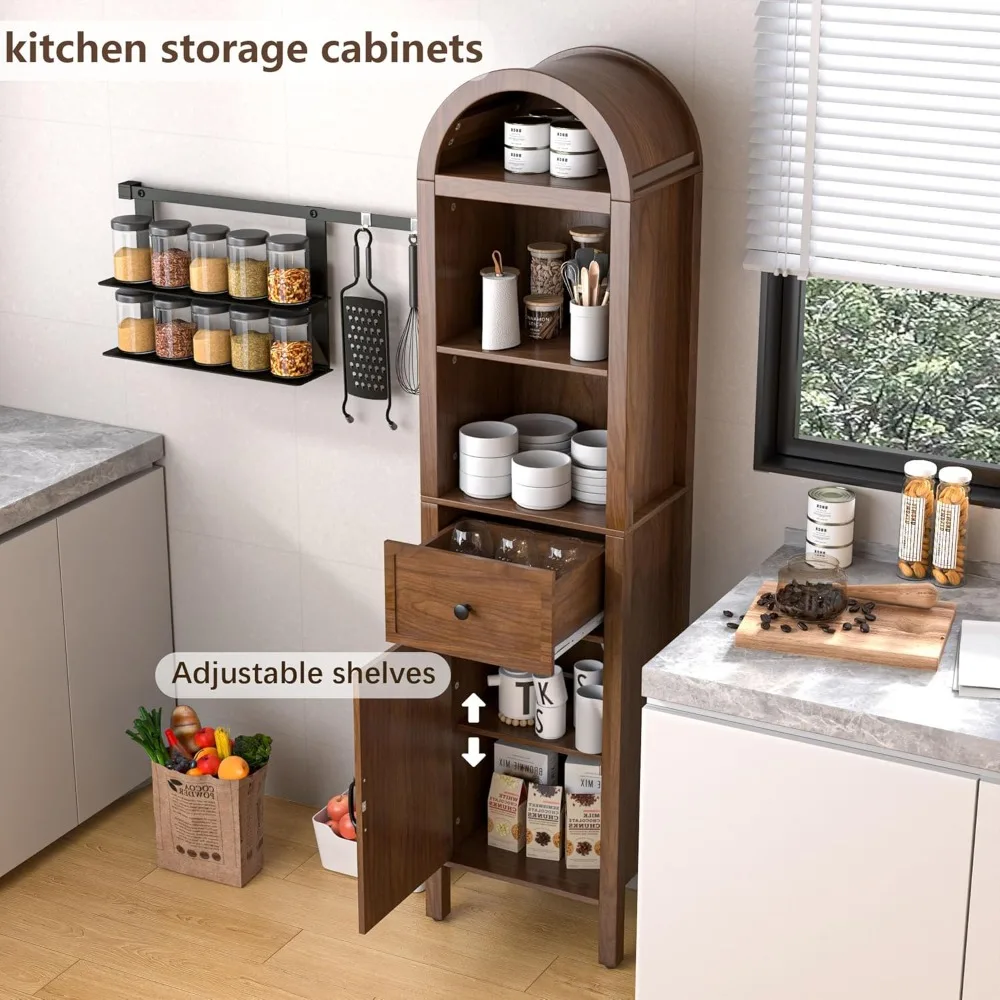 64" Tall Storage Cabinet- Adjustable Shelves- Tall, Narrow Arched, Freestanding Tower Cabinet with Fluted Door - Image 5