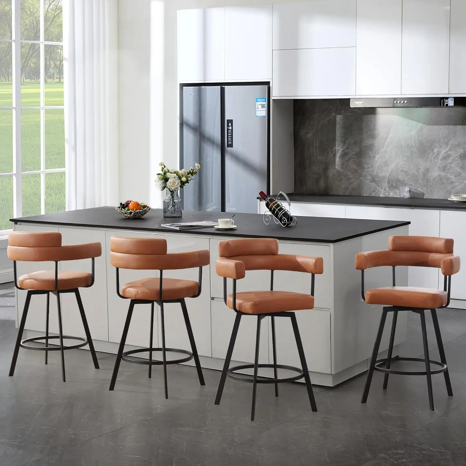 Set of 4- 26’’ Swivel Counter-Height Bar Stools- Round Back- Linen Upholstered Barstools with Round Footrest- 4 Colors - Image 7