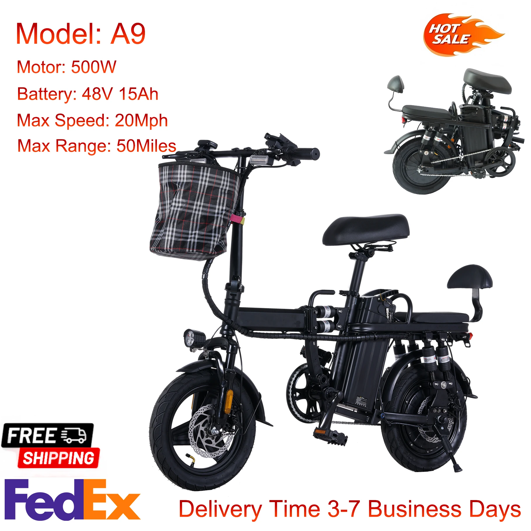 2-Seater Electric Bike- 500W 14" Mini Folding Ebike- 48V 15AH Removable Battery- Long Range, 50 Miles- 20 MPH