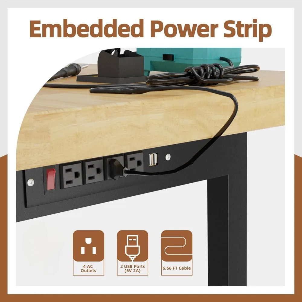 60'' Adjustable Workbench- Solid Wood Work Bench Table with Wheels- Power Outlet- Drawers - Image 5