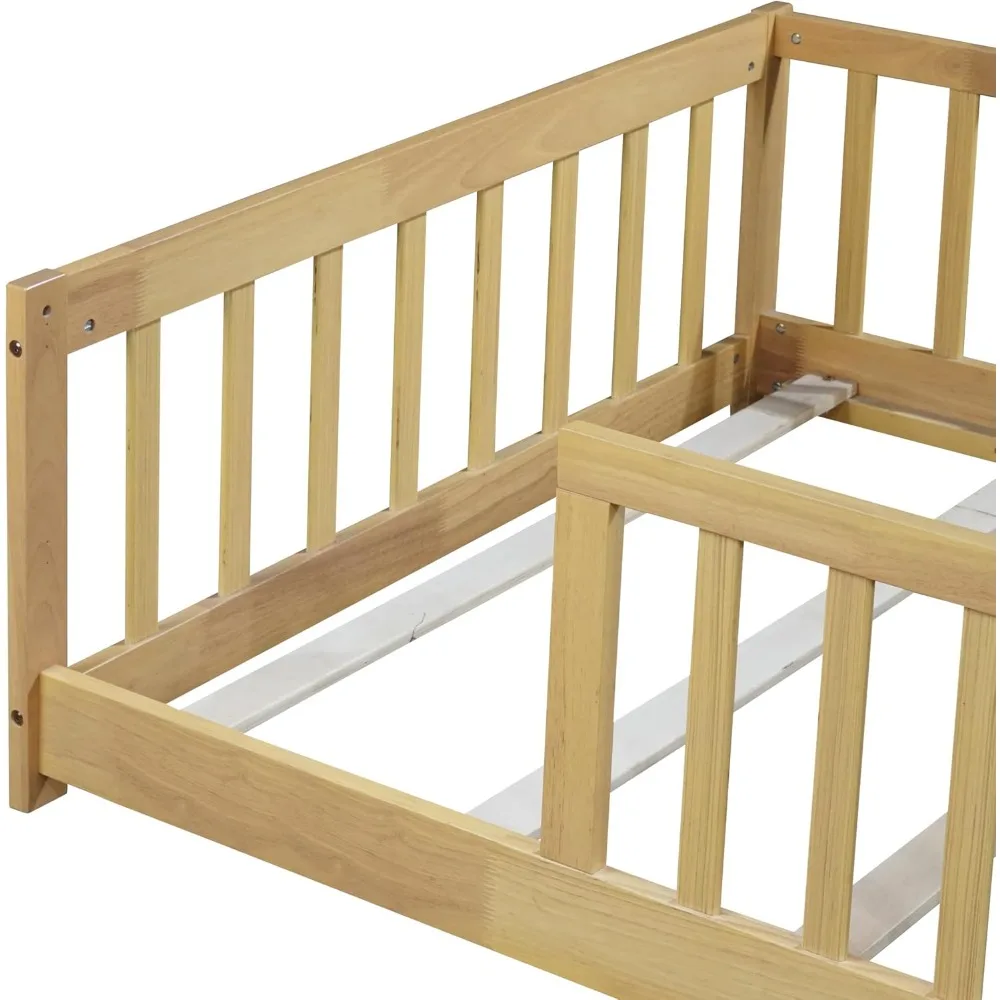Twin-size Montessori Floor Bed- Wood Slats- for Girls and Boys- Wood Bed Frame with Safety Guardrails - Image 6
