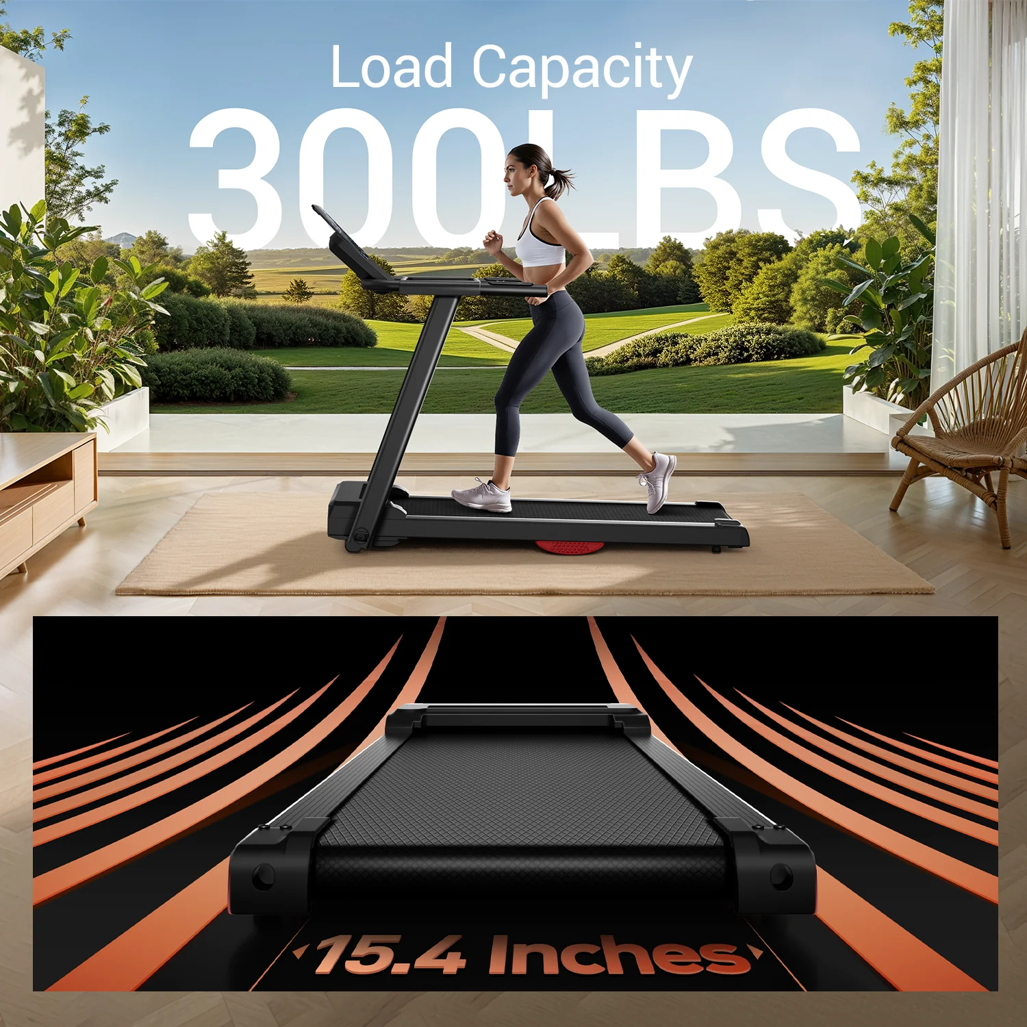 3.0 HP Brushless, Foldable Home Treadmill- 300 LB Capacity- HR Monitor and Dual Shock Absorption- Cup/Phone Holder- Quiet Design - Image 6