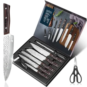 8-pcs Chef Kitchen Knife Set- Hammer Pattern- Sharp Cutting Blade- Santoku Knives