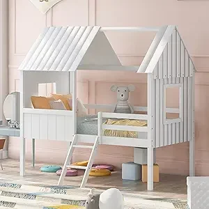Twin House Bed for Kids- Wood Low-loft Bed Frame with Windows and Roof- Easy Assembly, for Girls/ Boys- 4 Colors - Image 8