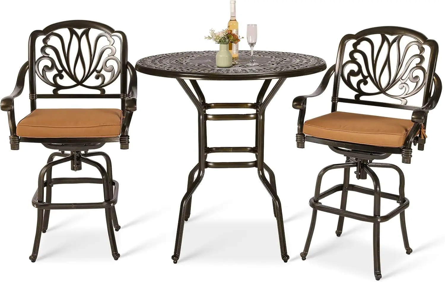 5-Piece Patio Set- Swivel Bar Stools- All-Weather, Cast Aluminum- Bar Height Bistro Set with 4 Cushioned Chairs- 3 Different Set Styles - Image 7