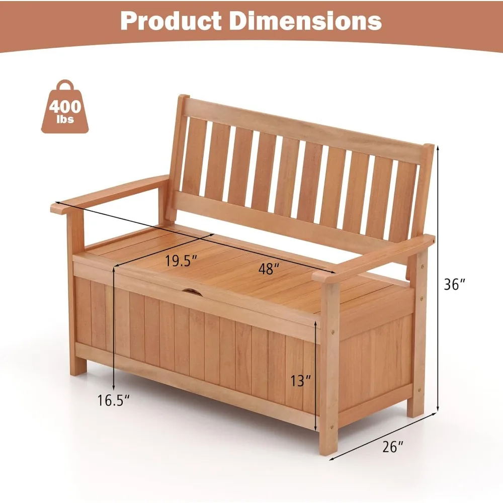 48-Inch Patio Storage Bench- Wood Storage Loveseat with 34.2 Gal Inner Space- Large Deck Box w/Slatted Backrest- Indoor Entryway - Image 3
