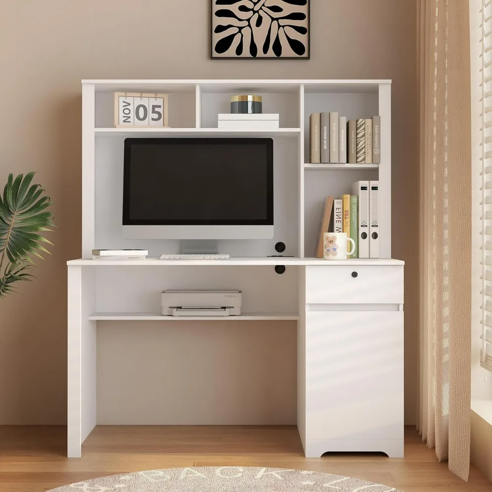 Computer Desk with Charging Station- Home Office Desk with Bookshelf and Drawer- Study Table- Storage and Lock,