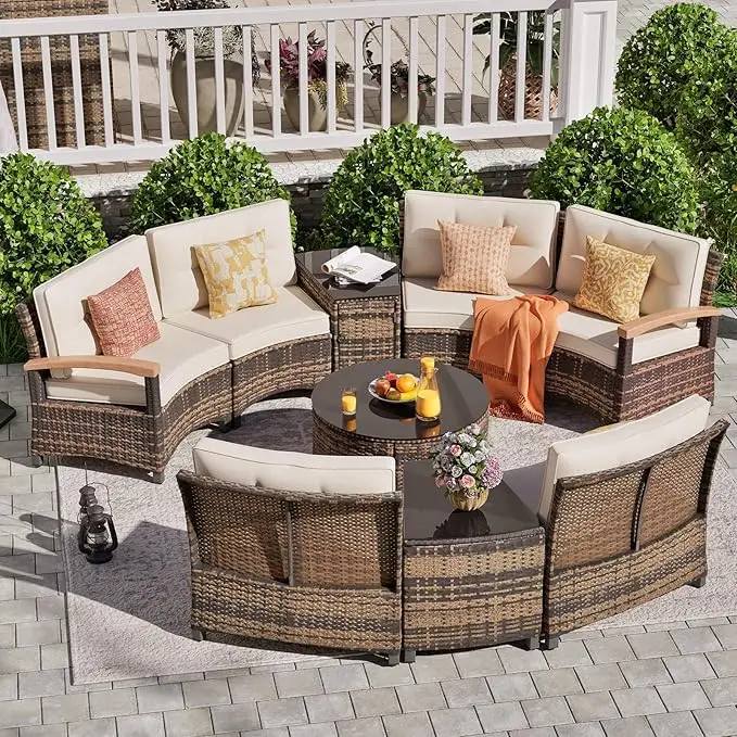 9-Piece Patio Furniture Set- Half-Moon Curved Sectional Sofa- Coffee Table- For Winter Add a Fire Pit! - Image 7