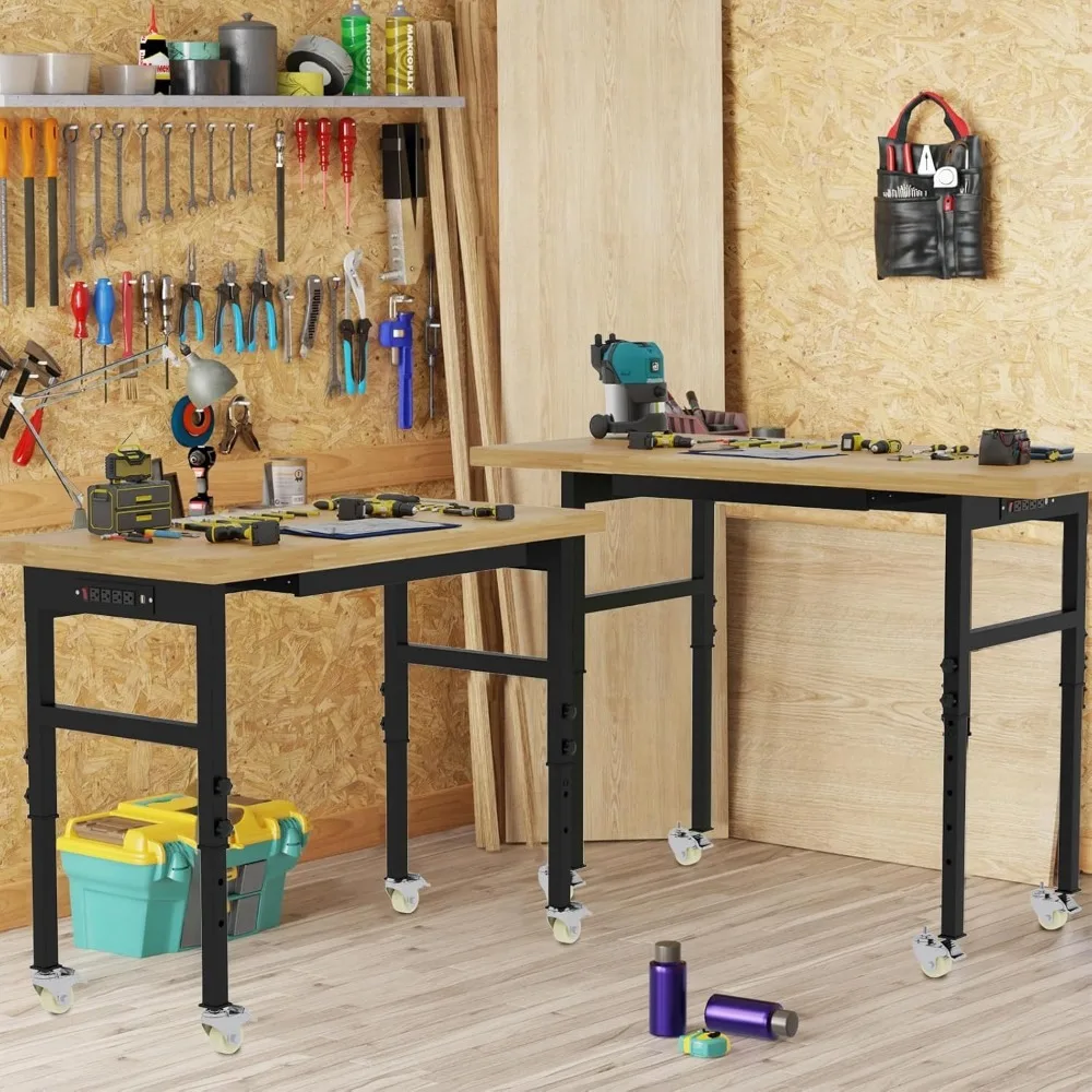 60'' Adjustable Workbench- Solid Wood Work Bench Table with Wheels- Power Outlet- Drawers - Image 2