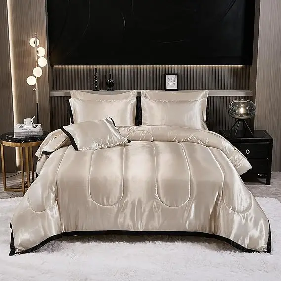 8-Piece- Satin King Comforter Set- Silk-like Beige Bedding- Luxury Hotel Silky Bed Set - Image 7