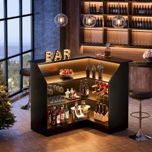 L-Shaped Bar Cabinet- 4-Tier Corner Bar Unit with Stemware Racks- Black