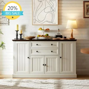 58" Cabinet with Storage- 34" Tall Coffee Bar/Sideboard with 2 Large Drawers- 4 Grooved Barn Doors