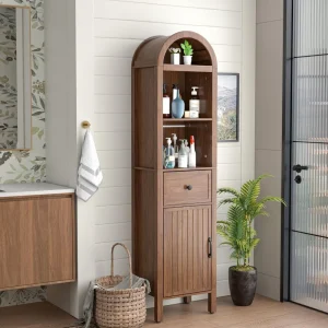 64" Tall Storage Cabinet- Adjustable Shelves- Tall, Narrow Arched, Freestanding Tower Cabinet with Fluted Door
