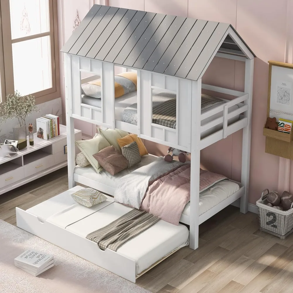 House Bunk Bed for Kids- Twin-Over-Twin Bunk Bed with Trundle- Kids Playhouse Bunk Beds for Girls & Boys- No Box Spring Needed - Image 3