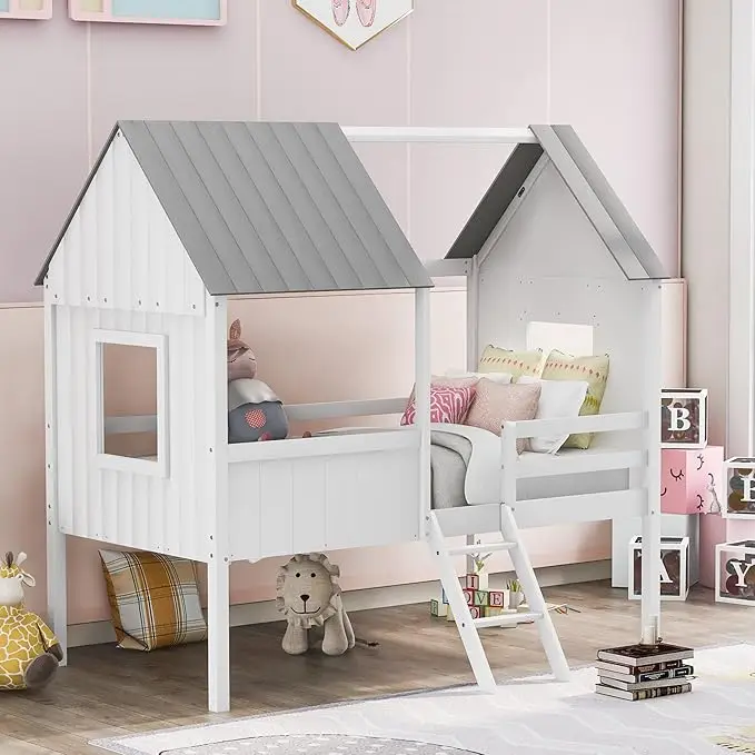 Twin House Bed for Kids- Wood Low-loft Bed Frame with Windows and Roof- Easy Assembly, for Girls/ Boys- 4 Colors - Image 10