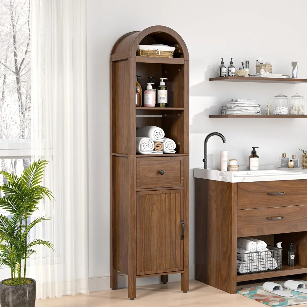 64" Tall Storage Cabinet- Adjustable Shelves- Tall, Narrow Arched, Freestanding Tower Cabinet with Fluted Door - Image 6