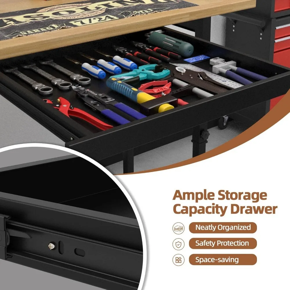 60'' Adjustable Workbench- Solid Wood Work Bench Table with Wheels- Power Outlet- Drawers - Image 4