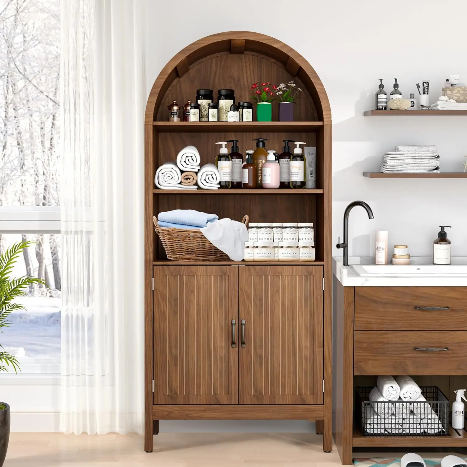 64" Tall Storage Cabinet- Adjustable Shelves- Tall, Narrow Arched, Freestanding Tower Cabinet with Fluted Door - Image 9