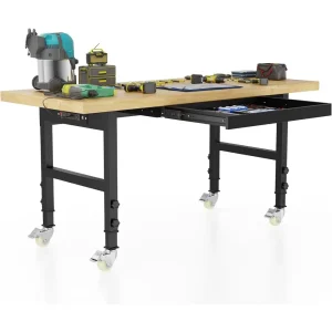 60'' Adjustable Workbench- Solid Wood Work Bench Table with Wheels- Power Outlet- Drawers