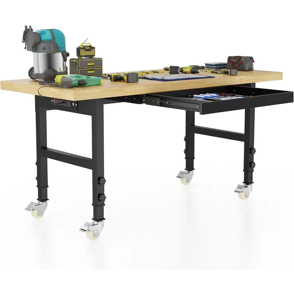 60'' Adjustable Workbench- Solid Wood Work Bench Table with Wheels- Power Outlet- Drawers